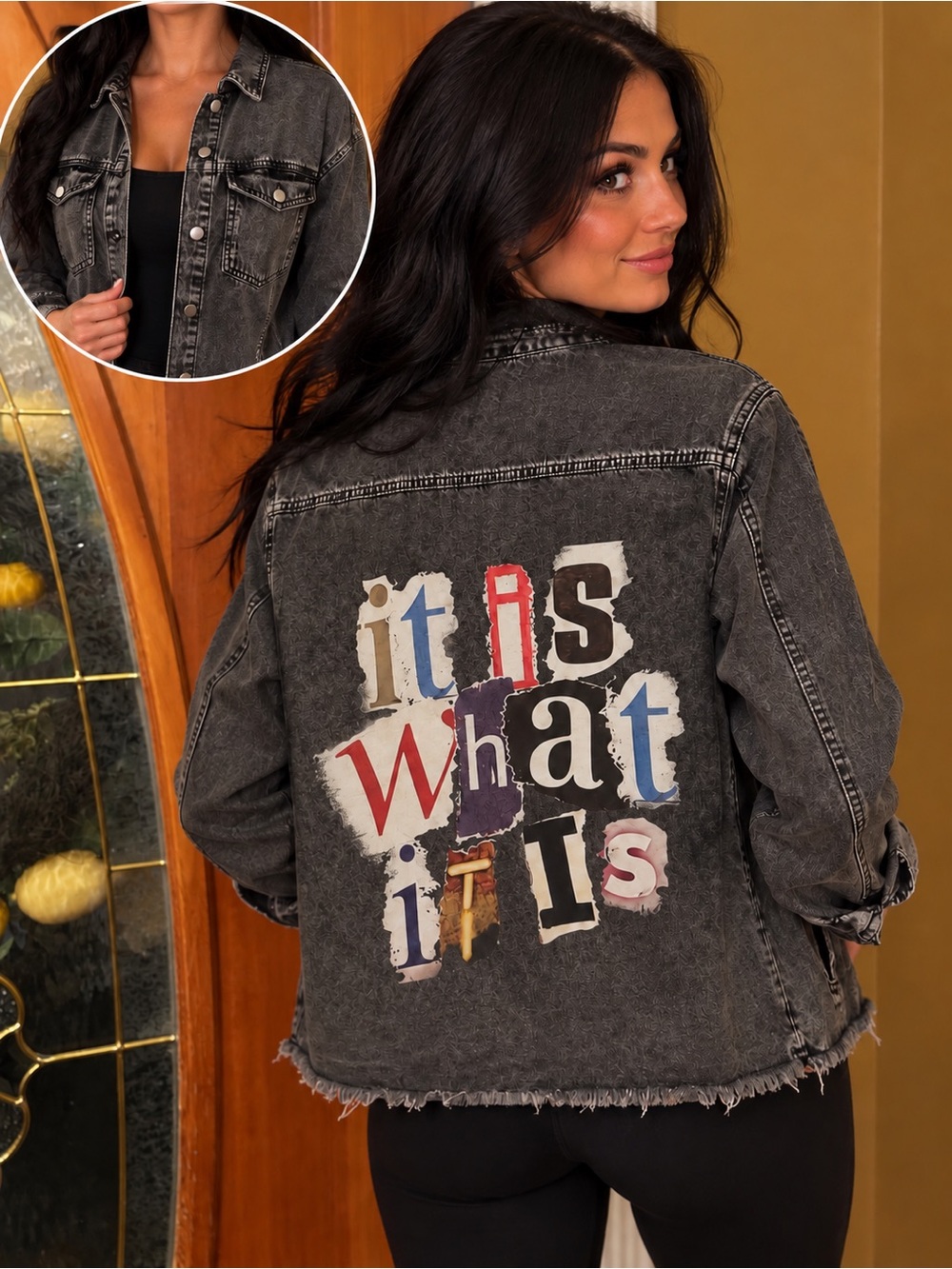 Vintage Wash Graphic Denim Jacket - charcoal